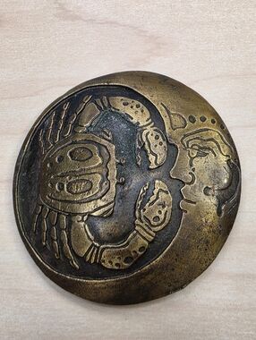 70s La Venta Solid Brass Cancer Zodiac Belt Buckle Celestial Moon Face Repair